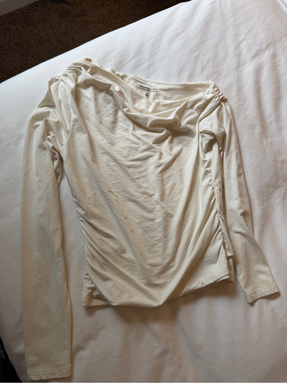 Abercrombie & Fitch Off-White Long Sleeve Ruched Side Top